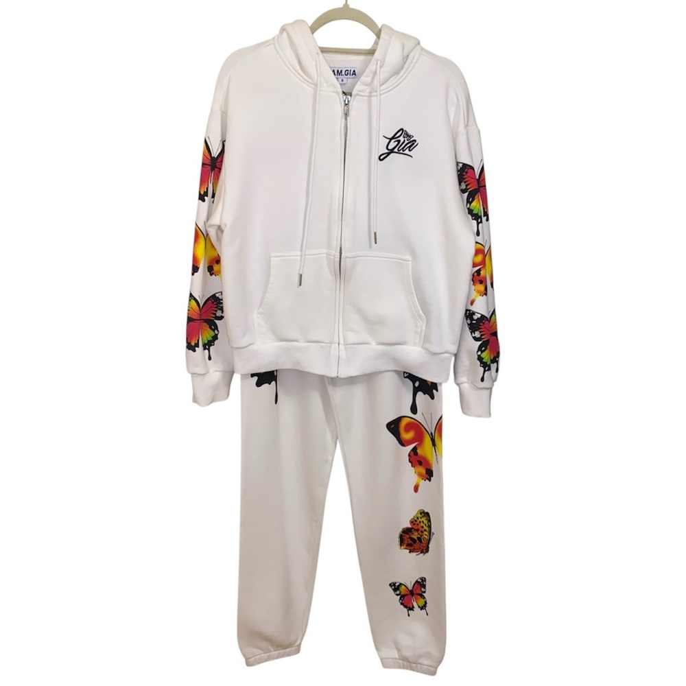 White I.AM.GIA Hoodie and Sweatpants Set with Colorful Butterfly Print